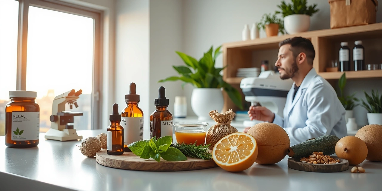 Quality testing laboratory showing precision equipment and scientists analyzing natural ingredients