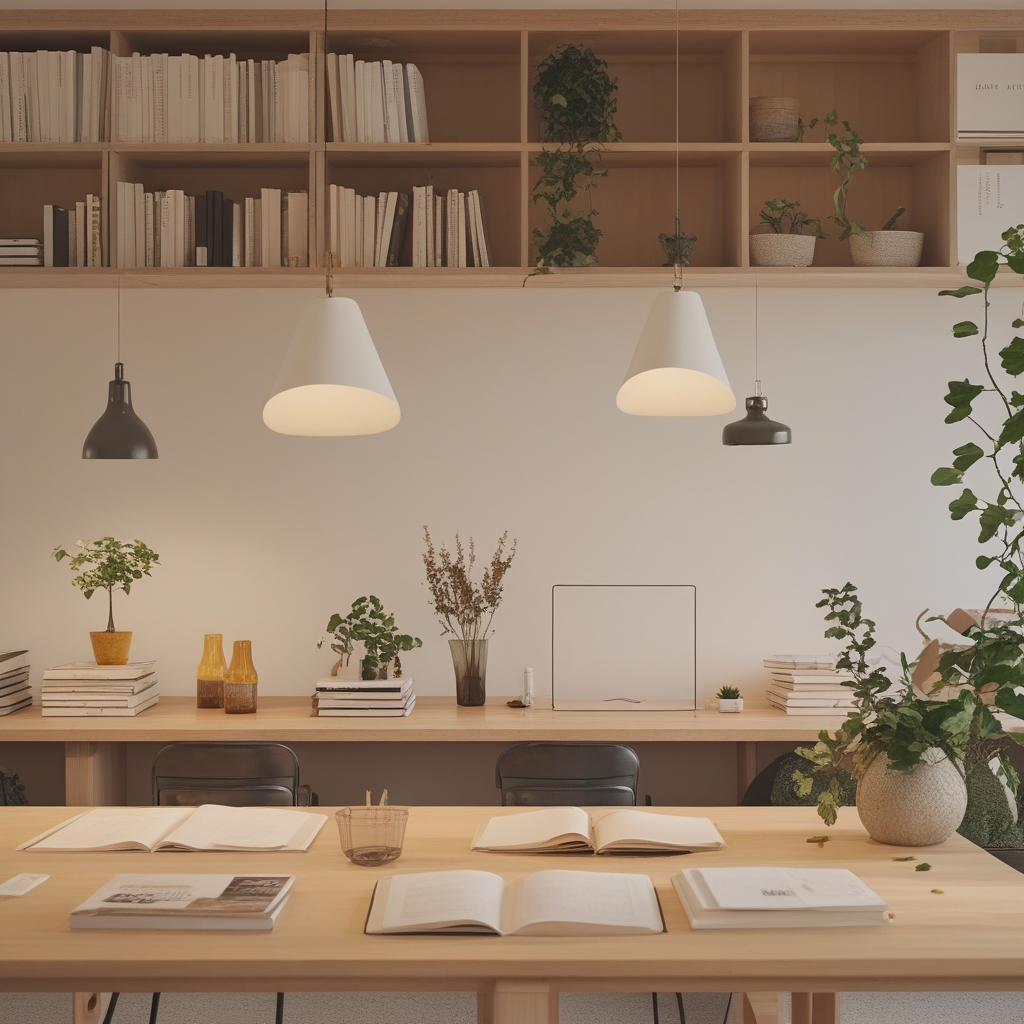 Minimalistyczna przestrzeń do nauki i pracy z dużymi okrągłymi lampami, półkami pełnymi książek o anatomii i ruchu, drewnianym biurkiem i roślinami w tle