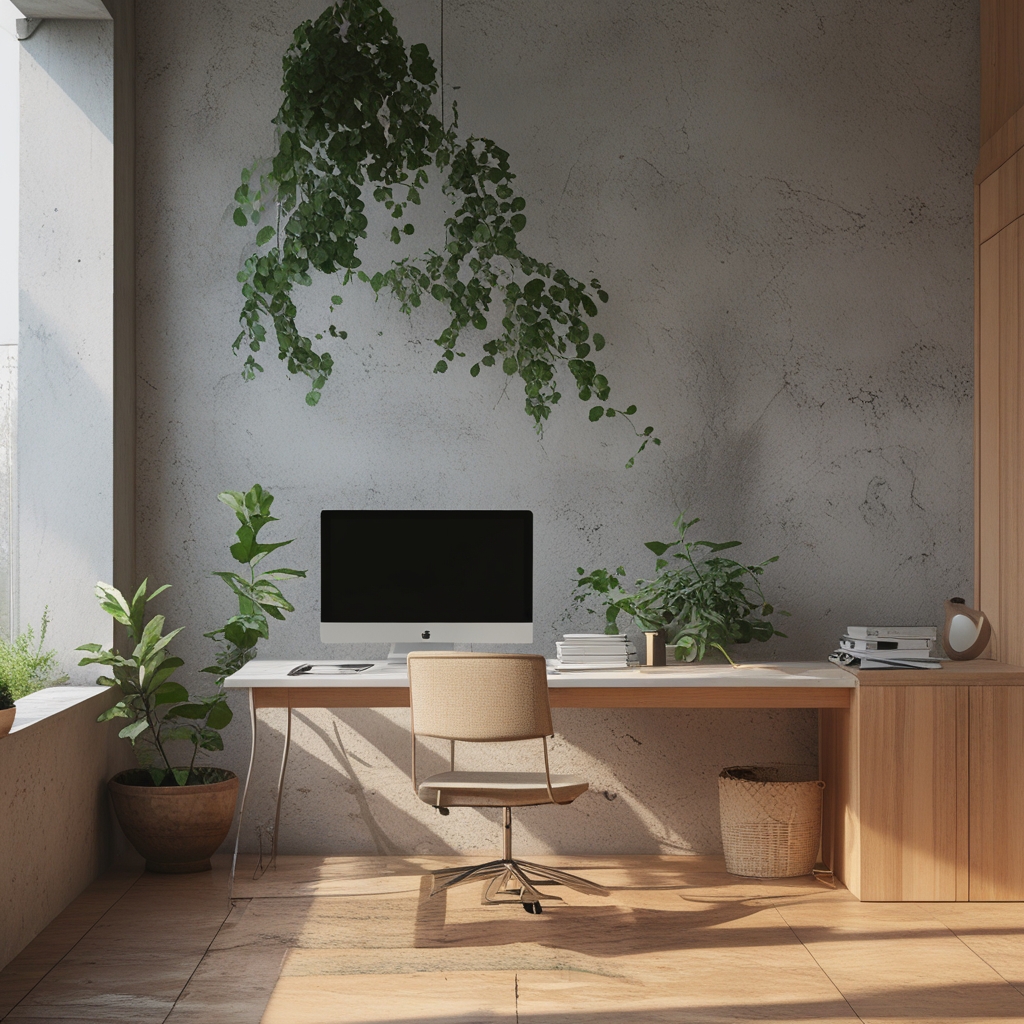 Jasna, dobrze zorganizowana przestrzeń biurowa z ergonomicznym krzesłem, monitorem ustawionym na odpowiedniej wysokości i roślinami na blacie, widok z boku