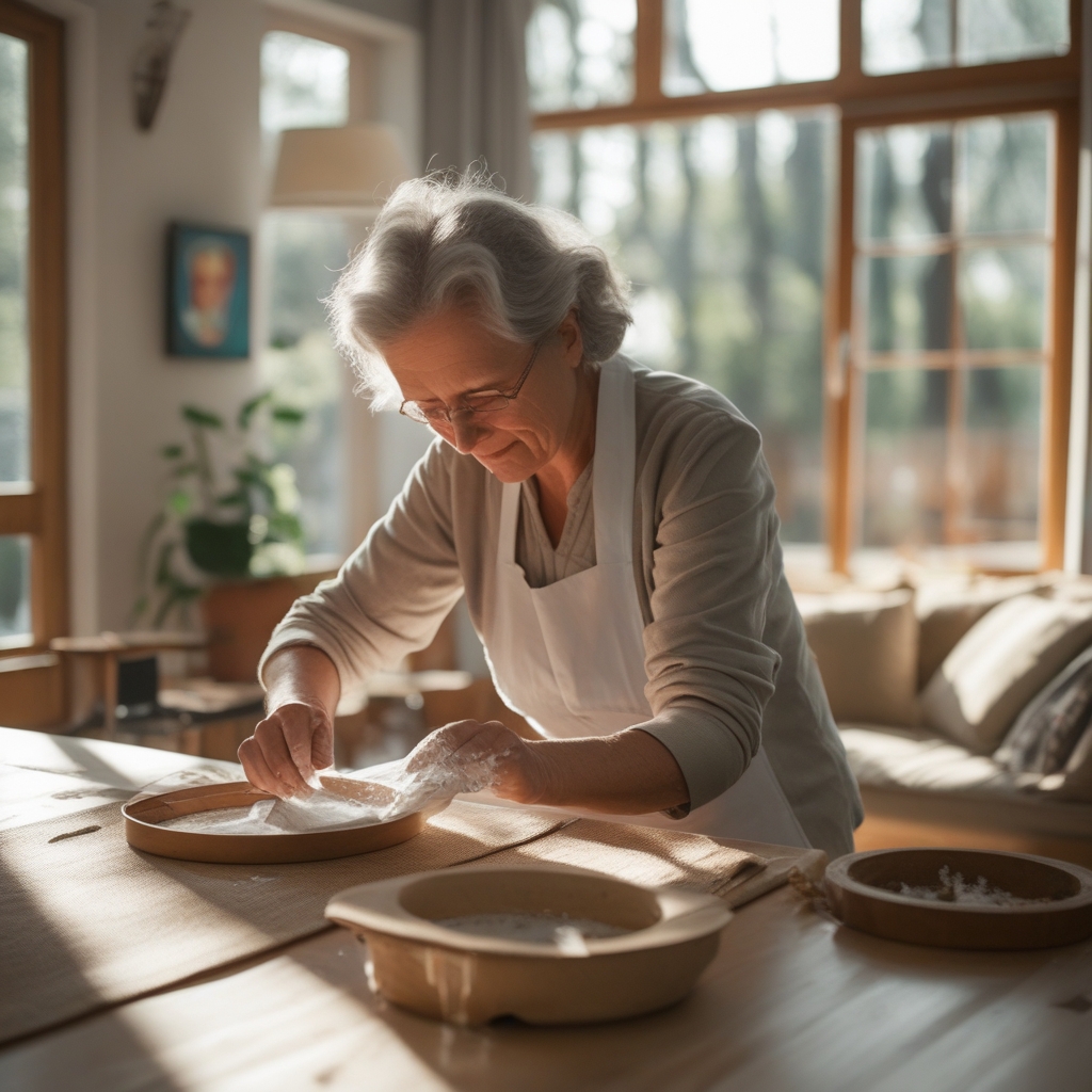Osoba w wieku około 62 lat wykonująca delikatne ćwiczenia rozciągające z krzesłem jako podporą, w domowym salonie z dużą ilością naturalnego światła